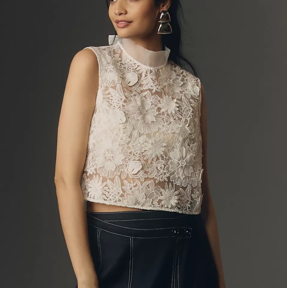 Anthropologie Maeve Sleeveless Sheer Lace Floral Cropped Blouse White M …